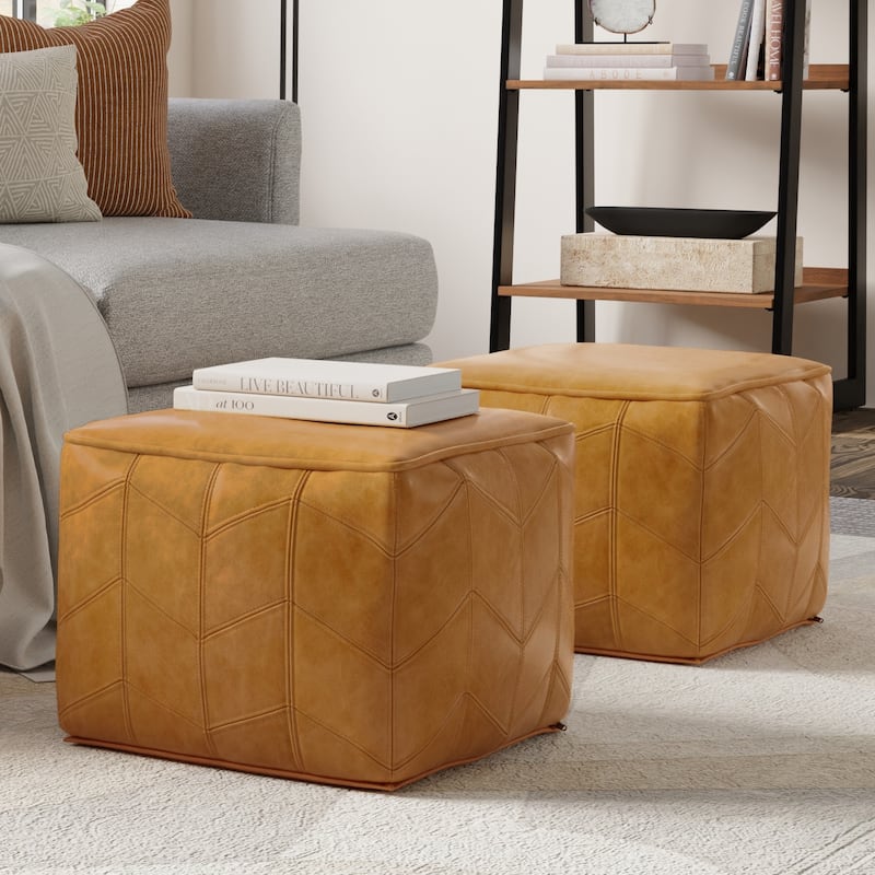WYNDENHALL Gerty Contemporary Square Pouf in Brown Genuine Leather - Brown
