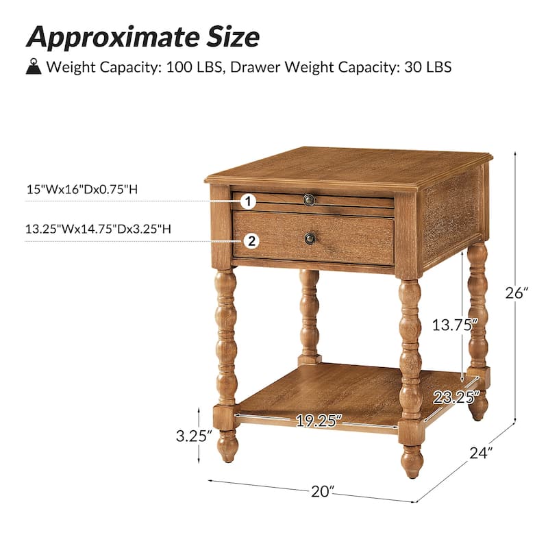 HULALA HOME Eric Traditional 26" Tall Solid Wood End Table with Built-in Charging Station and Extendable Tray
