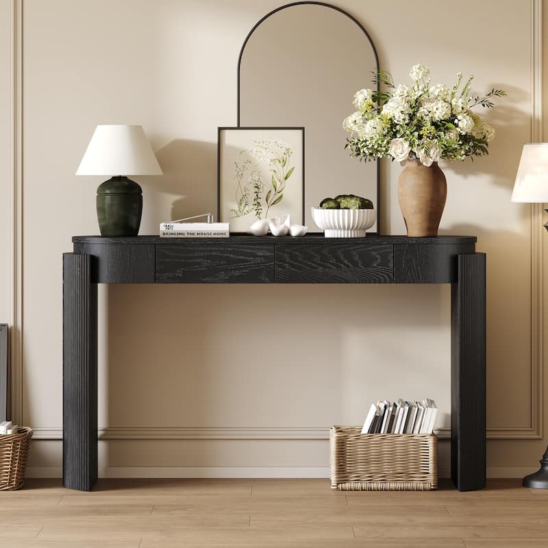Elegant Entryway Console Table – Natural Wood Grain Finish with Fluted Detailing, Oval Top, and Two Storage Drawers‌