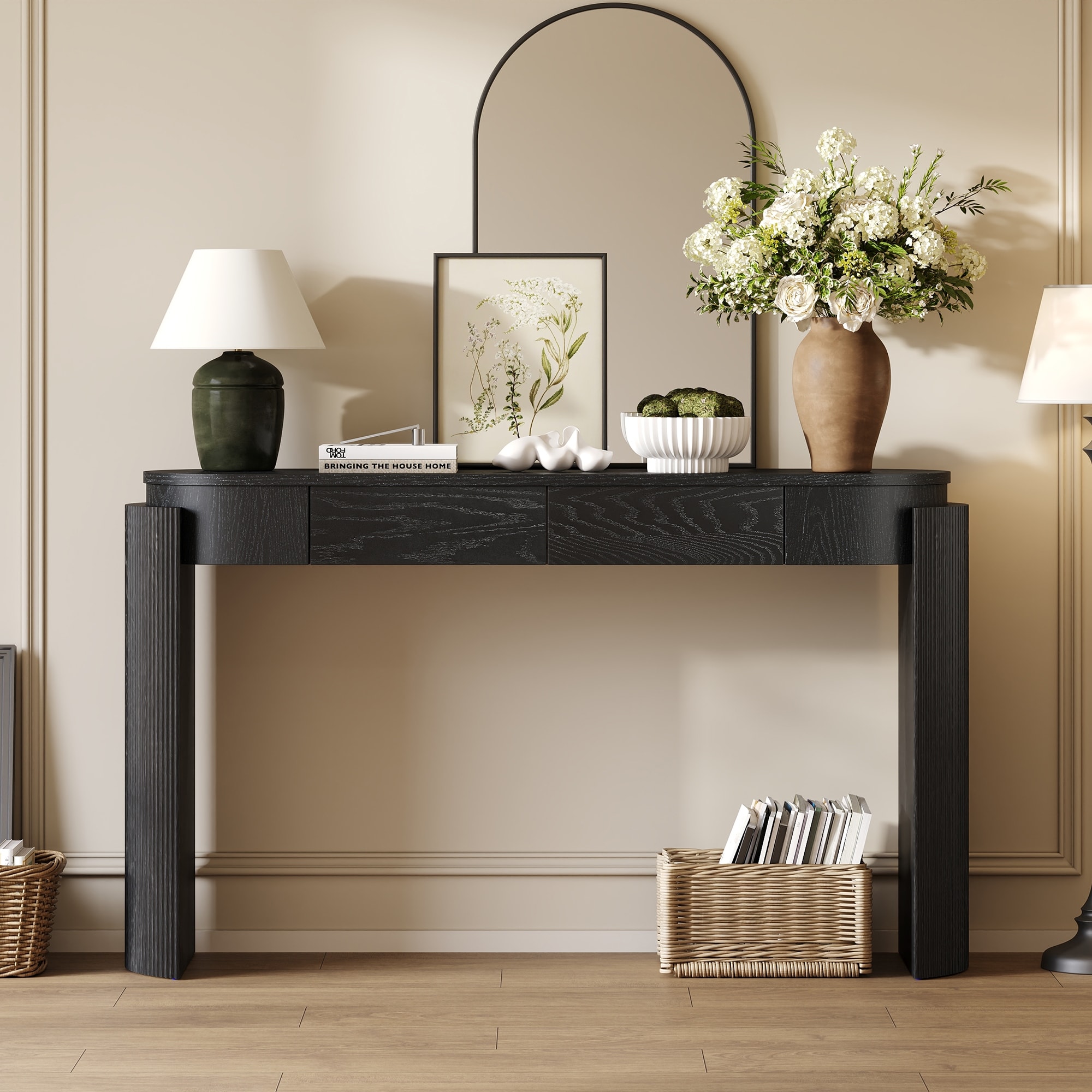 Roomfitters Entryway Console Table with Natural Wood Finish, Oval Top, Fluted Legs and 2 Storage Spaces