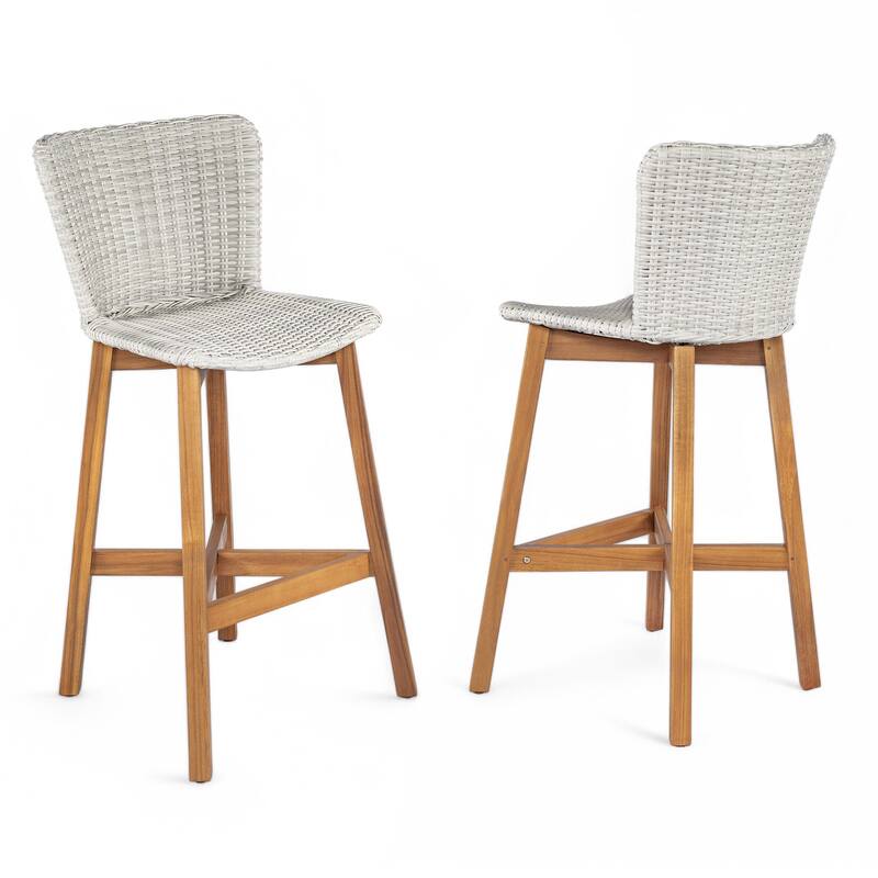 Roomfitters Lymington Outdoor Acacia Wood Barstools with Wicker Seat, Teak Finish and Light Brown Set of 2