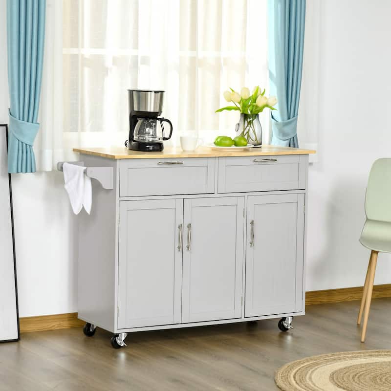 HOMCOM 48" Modern Kitchen Island Cart on Wheels with Storage Drawers, Rolling Utility Cart with Adjustable Shelves, Cabinets - Grey