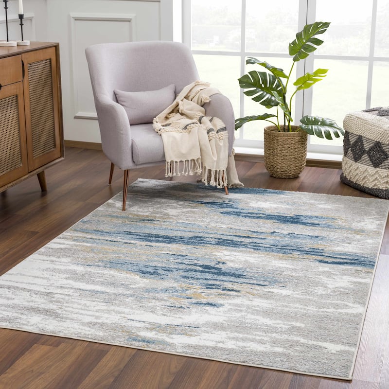 Hauteloom Liverpool Living Room, Bedroom Area Rug - Contemporary - Colorful - 5'3" x 7' - 5'3" x 7' - Blue, Grey, Off White