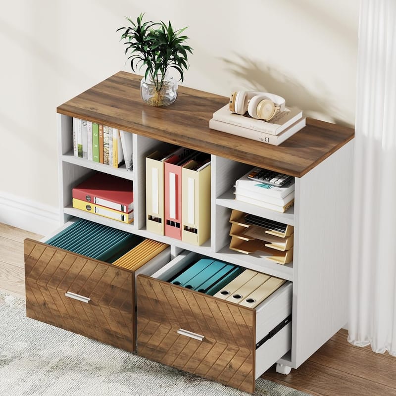 2-Drawer Wood Mobile File Cabinet Holds Letter Size Files with Shelves, Home Office Printer Stand - White/Brown