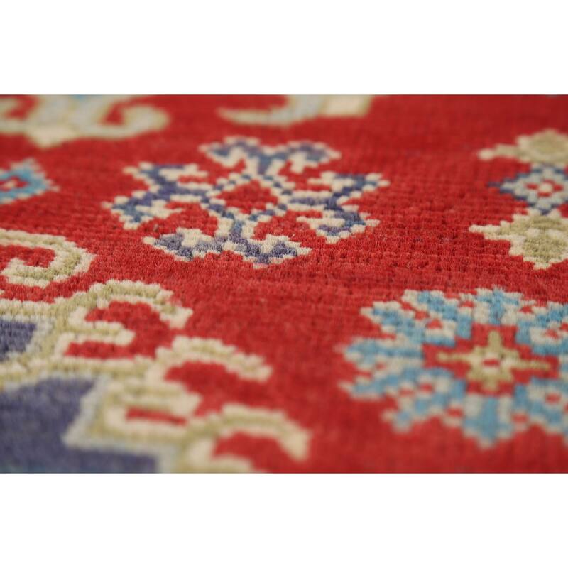 Red Geometric Kazak Foyer Rug Hand-Knotted Traditional Wool Carpet - 2'0" x 3'0"