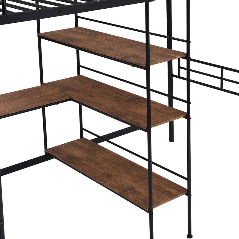 Metal Loft Bed with Desk and Shelves, Twin Size, Modern Space-Saving Solution