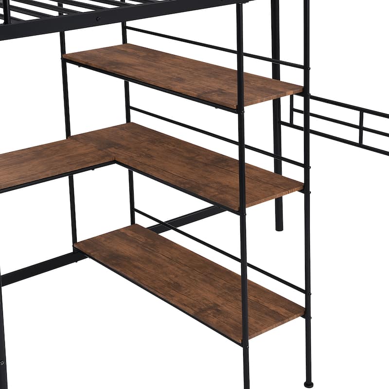 Twin Size Metal Loft Bed with Built-in Desk and Shelves
