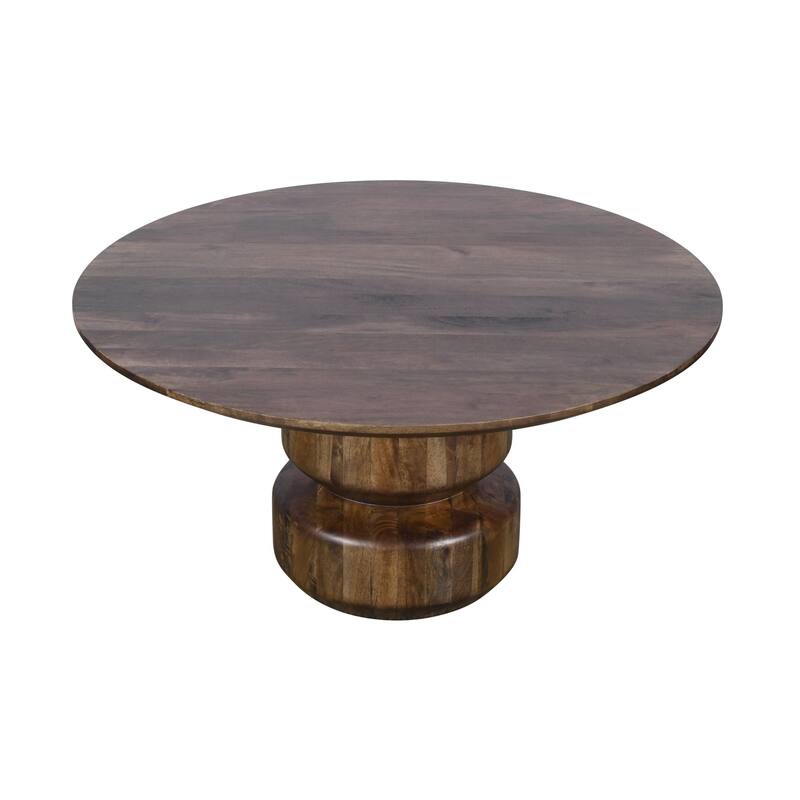 Rise 36 Inch Coffee Table, Round Top and Stacked Pedestal Base, Brown Wood