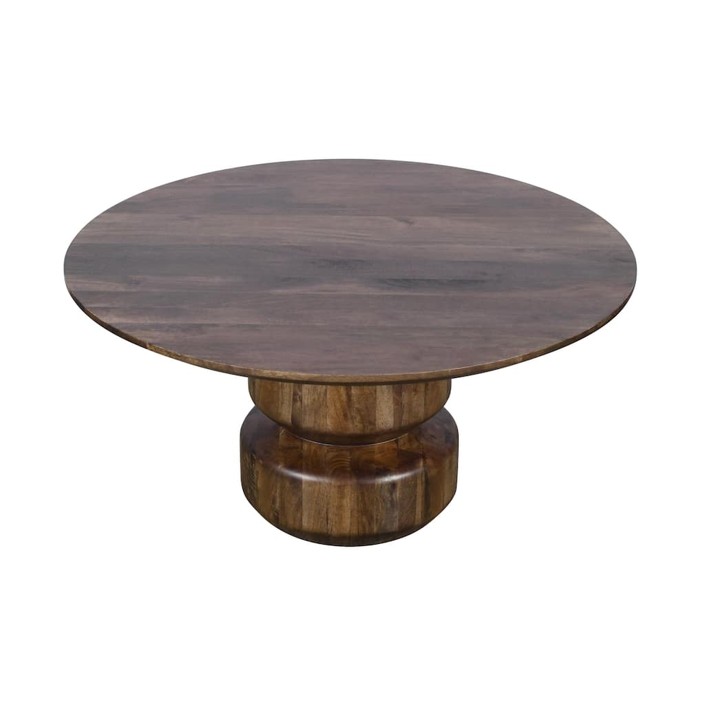 Rise 36 Inch Coffee Table, Round Top and Stacked Pedestal Base, Brown Wood