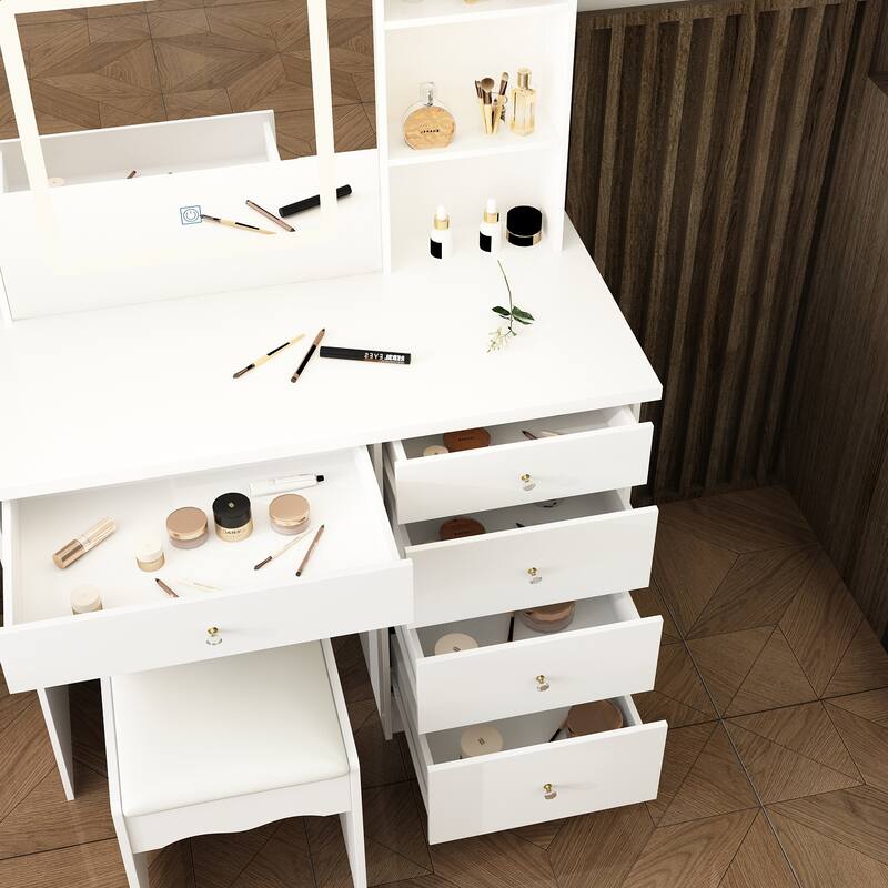 Makeup Vanity Set with Stool and 3 Color Touching Mirror Dresser Table - 39.4"W