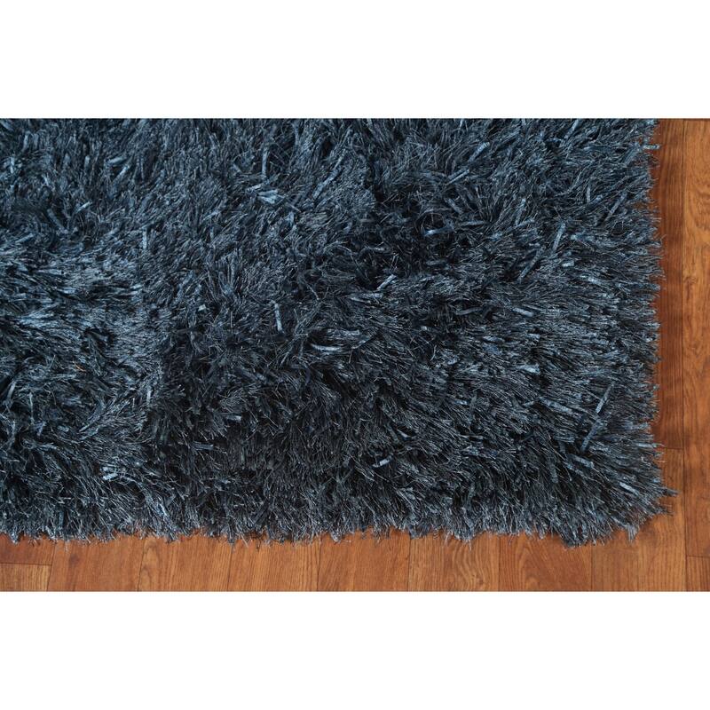 Blue Plush Shaggy Indian Area Rug Hand-Tufted Wool Carpet - 5'0" x 8'0"