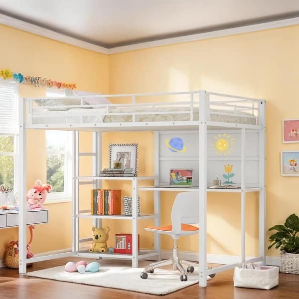 slide 2 of 28, Contemporary Full Size Loft Bed with Desk and Whiteboard, Metal Loft Bed with 3 Shelves and Ladder, Maximized Space White
