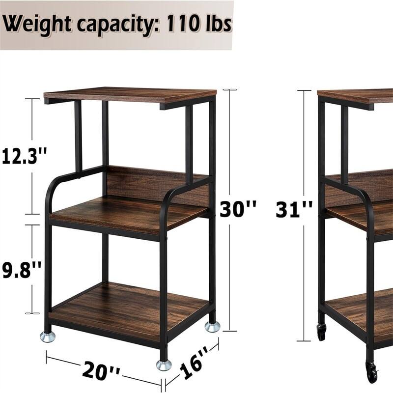 3 Tier Mobile Printer Stand on Wheels with Storage Shelves - 16"D x 20"W x 30"H