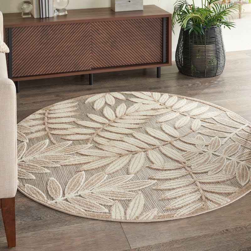 Nourison Aloha Leaf Print Vibrant Indoor/Outdoor Area Rug - 5'3" Round - Natural