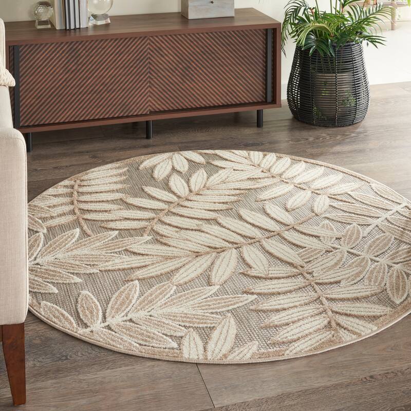 Nourison Aloha Leaf Print Vibrant Indoor/Outdoor Area Rug - 5'3" Round - Cream