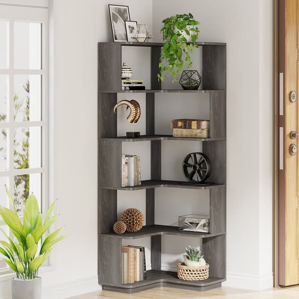 slide 2 of 43, 6-Tier Corner Book Shelf, 64.9"Tall Freestanding Wood Industrial Bookcase Bookshelf Dark Gray