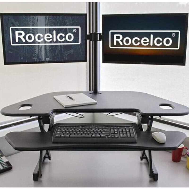 Rocelco 46 in. W Black Height Adjustable Corner Standing Desk Converter with Dual Monitor Arm and Extra Tray Platform