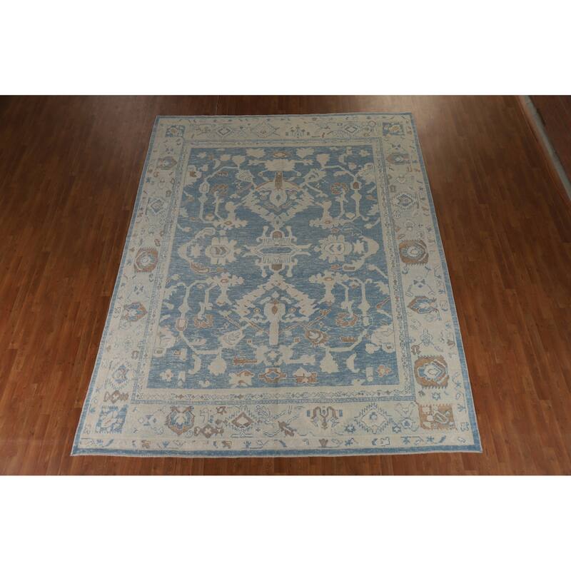 Hand Knotted Oriental 100% Wool Carpet Transitional All-Over Navy Blue & Blues Oushak Area Rug - 12' 5'' X 9' 9''
