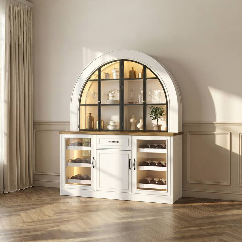 63" Arched Bar Cabinet with LED Lights Wine Bar Cabinet with Glass Doors, Liquor Storage Cabinet with Wine Rack