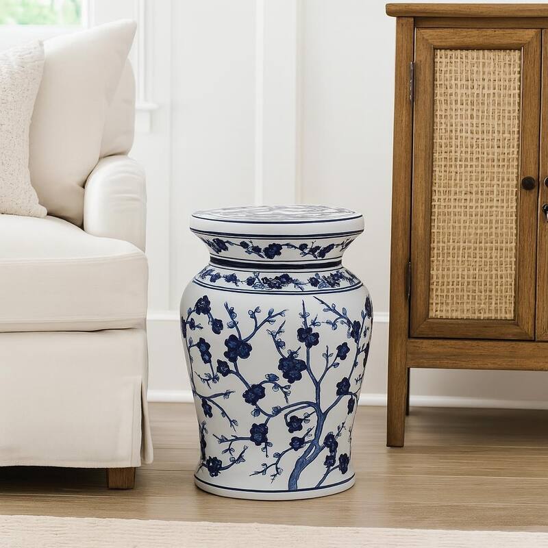 Euro Ceramica Blue Garden Porcelain 18" White Cherry Blossom Podium Stool - 12. 5 in. x 12.5 in. x 18 in.