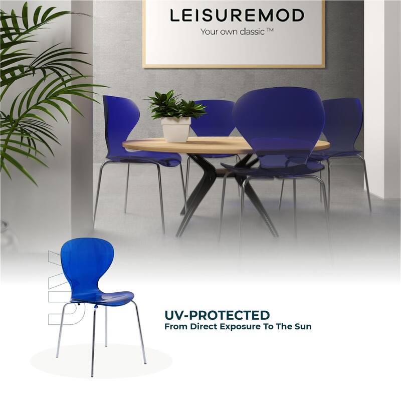 Oyster Modern Stackable Plastic Dining Chair with Curved Backrest and Accent Chrome Legs for Kitchen or Café Use Set of 2