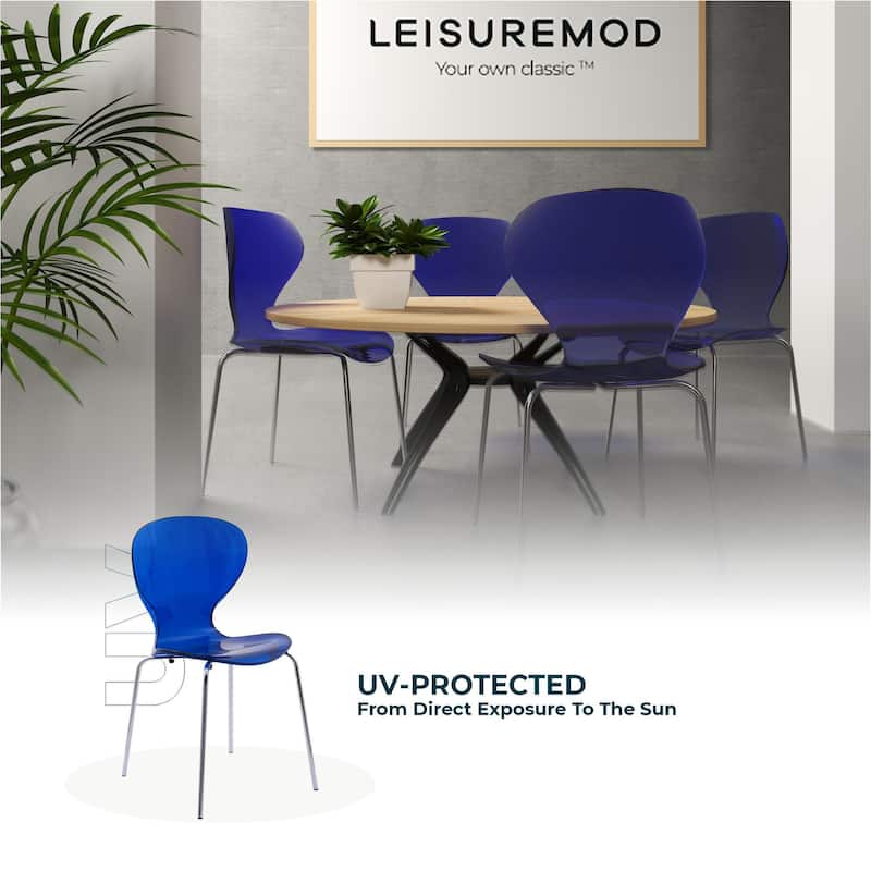 Oyster Modern Ergonomic Transparent Stackable Dining Side Chair with Chrome Steel Legs, Rounded Seat Edge for Indoor Outdoor Use