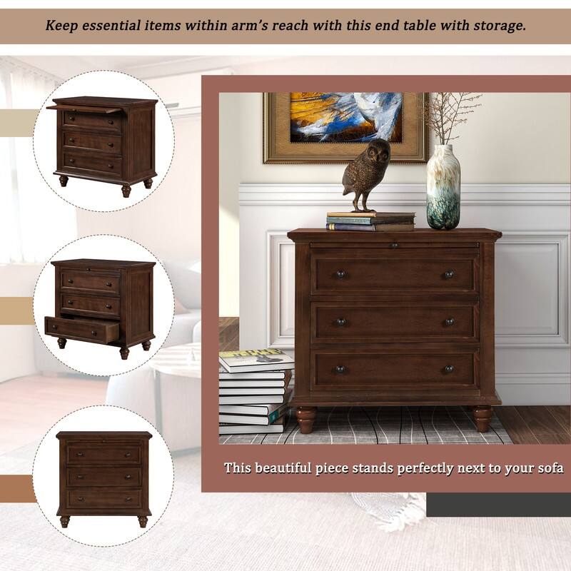 Modern 3-Drawer Nightstand (Set of 2) with Pull Out Tray for Organized Living Spaces
