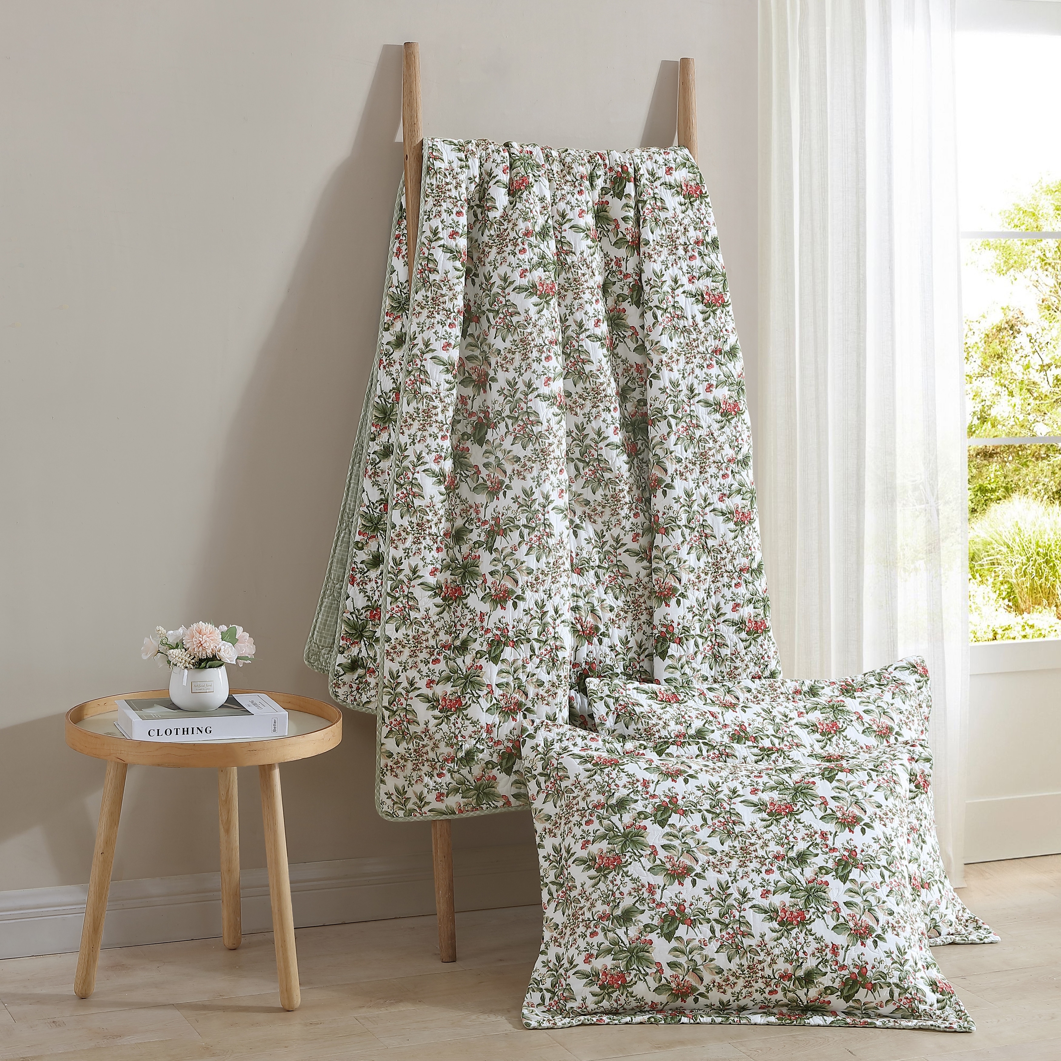 Laura Ashley Bramble Floral Cotton Reversible Green Quilt Set