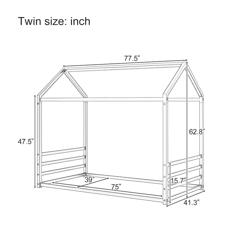 Montessori Style Metal Floor Bed Frame, House Shaped Bed for Kids and Toddlers, No Slats, House Bed