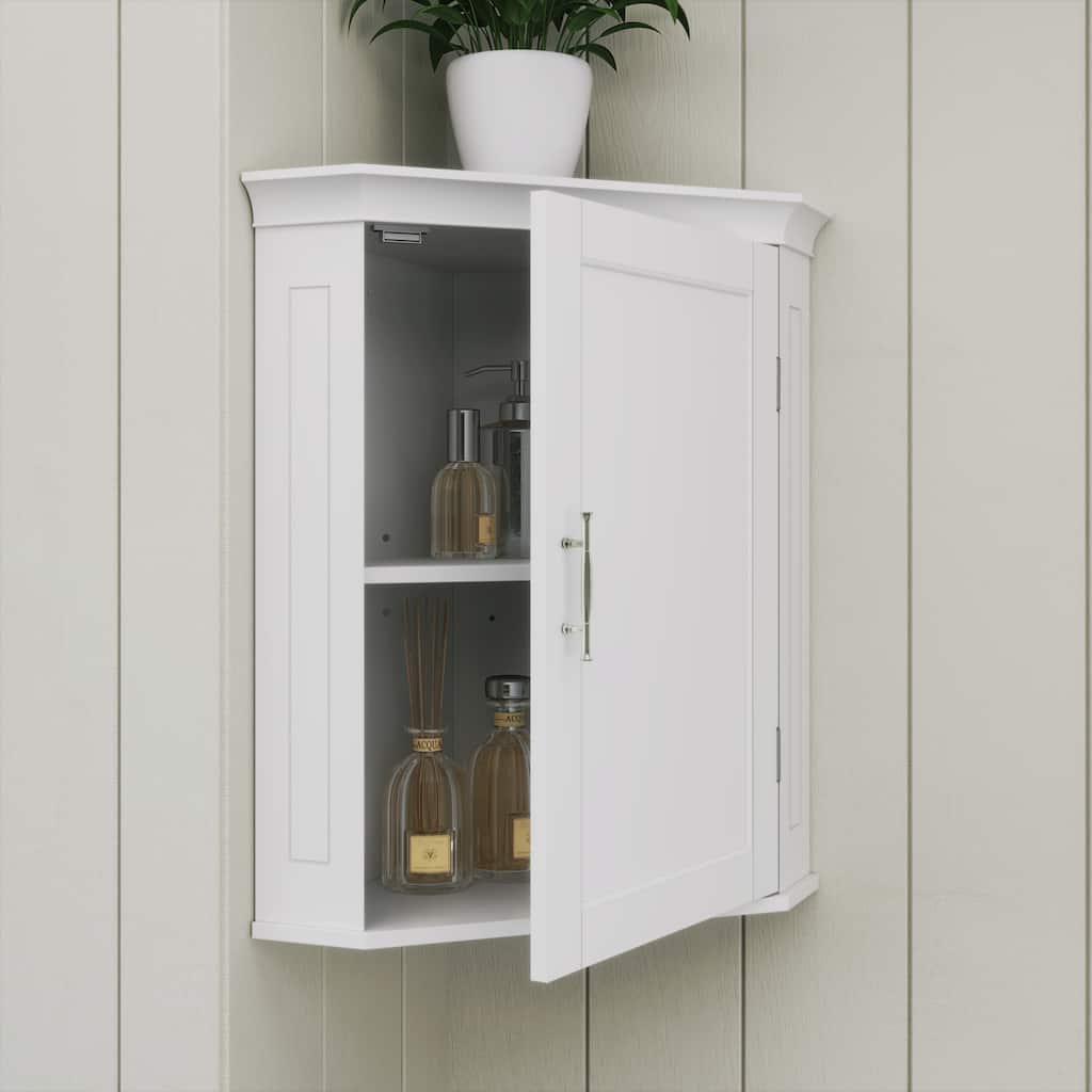 RiverRidge Somerset Corner Wall Bathroom Storage Cabinet Organizer with Doors and an Adjustable Shelf - White
