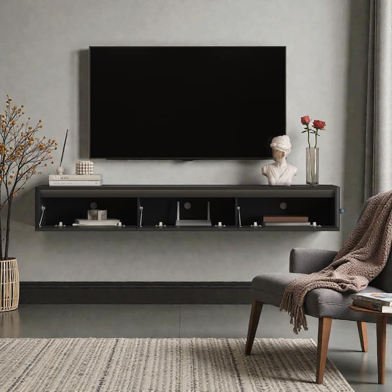 68.9" Floating TV Stand with LED Lights and Power Outlet, Wall Mounted High Gloss Media Console Shelf for Living Room