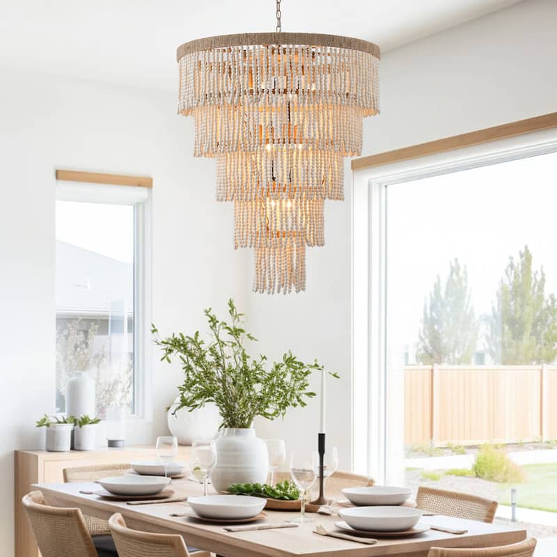 Bohemian Tiered Wood Beads Shade 9-Light Coastal Chandelier Light