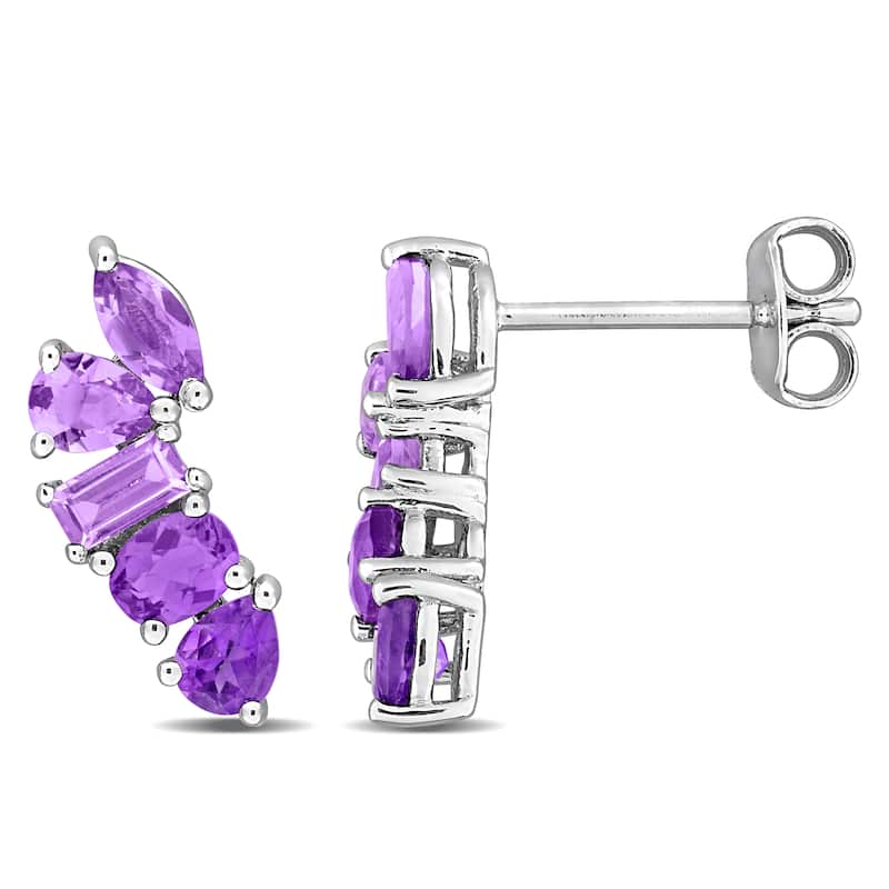 Miadora Multi-Gem Five Stone Drop Earrings Sterling Silver - Purple