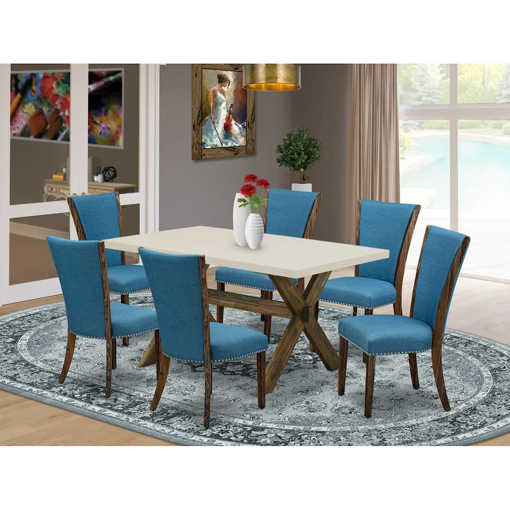 HomeStock 7-Piece Distressed Jacobean Finish Solid Wood Top Dining Table with 6 Parson-Chairs