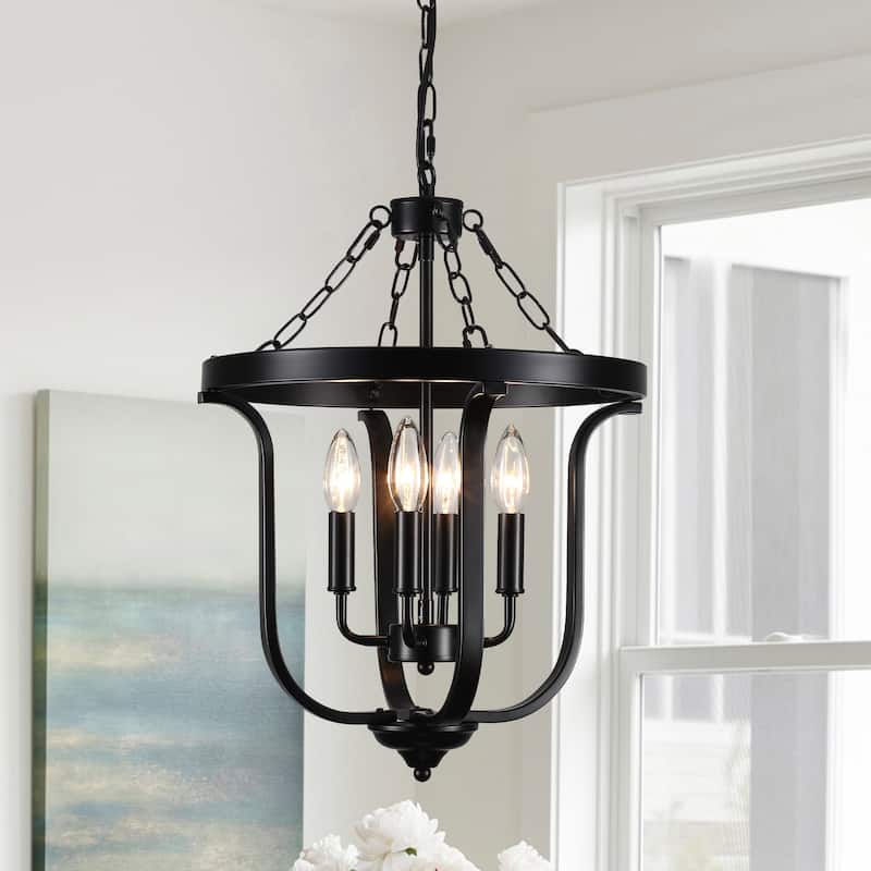 Farmhouse 4-Light Dimmable Cage Pendant Light Candle Chandelier for Kitchen Island - Black