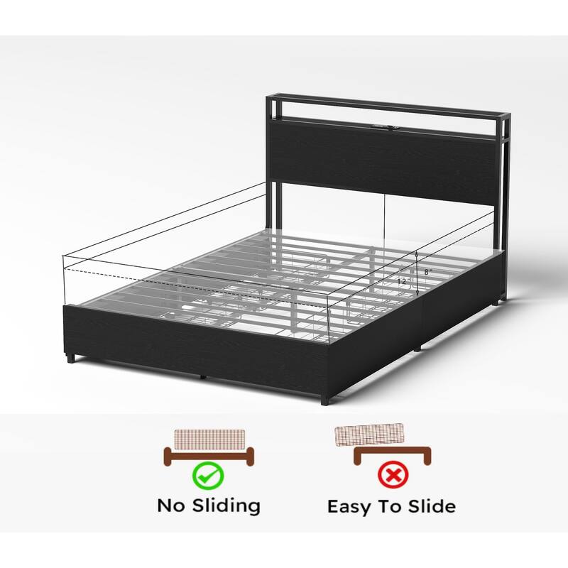 King Size Platform Bed with LED Lights And Charging Station , 4 Drawers, RGB Headboard Lighting, USB Ports