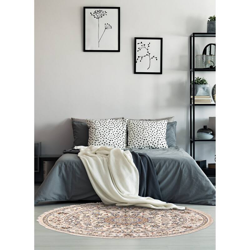 ECARPETGALLERY Hand-knotted Nain Cream Silk, Wool Rug - 4'11 x 4'11