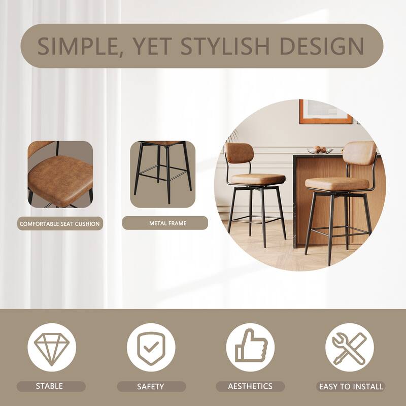 Bar Chairs Set of 2 Piece Set, 360 ° Swivel Bar Chair with Leather Cushions and Iron Brackets Counter Height Bar Chairs