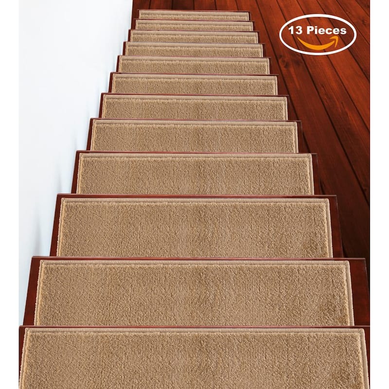 SUSSEXHOME Geometric Stair Treads with Easy to Install Double Adhesive Tape 9" x 28" - 13-PACK - Solid Beige