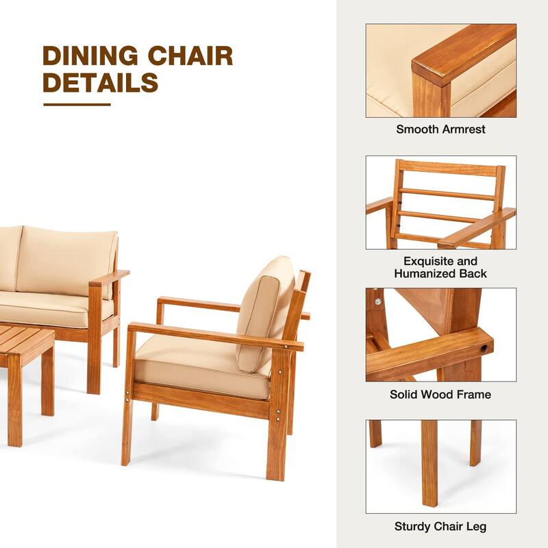 EROMMY Wood Patio Conversation Set with Coffee Table and Soft Cushions, Outdoor Sofa Set for Garden, Backyard