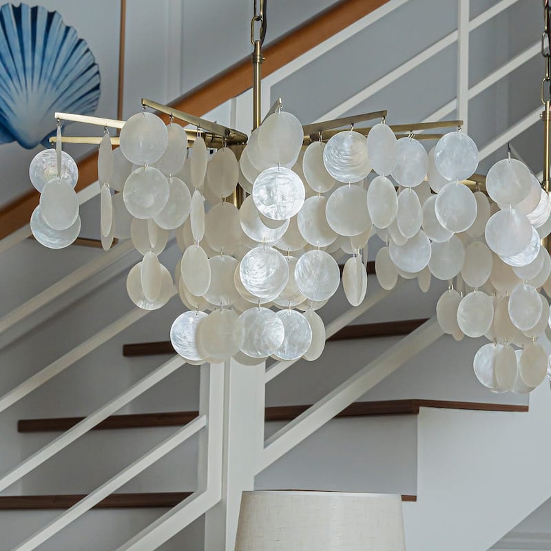 Cone Shape Tier Coastal Capiz Shells Chandelier With Antique Gold Metal