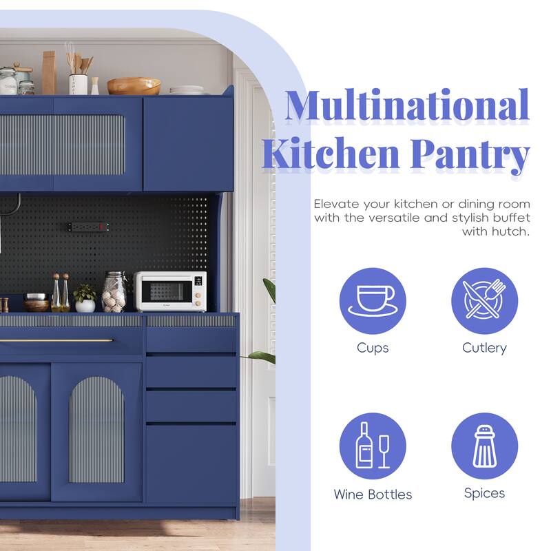 Roomfitters 63 Inch Large Kitchen Buffet with Hutch and Power Outlet, Coffee Bar Cabinet with Pegboard, Blue