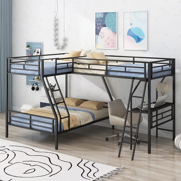 slide 2 of 17, Twin over Full Bunk Bed with Twin Size Loft Bed, L-Shaped Triple Bunk Bed with Desk, Ladder and Full Length Guardrails for Kids Black