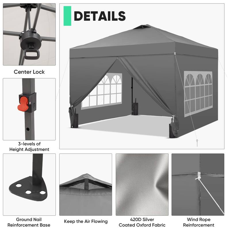 Ainfox 10x10 Pop Up Canopy Tent with 4 Sidewalls, Easy Set up with One Push Lift Outdoor Beach Gazebos with 4 Sandbags