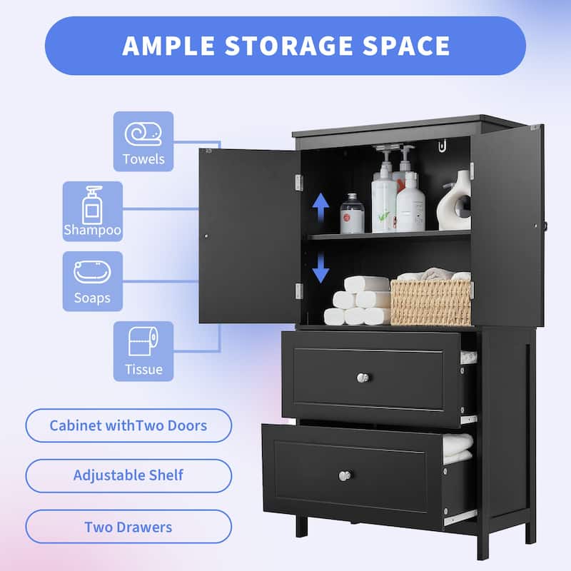 Freestanding Cabinet Floor Storage Cabinet with 2 Doors, Drawers and Adjustable Shelf for Bathroom Kitchen Office Living Room
