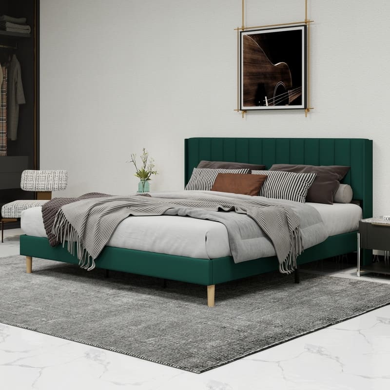 Caxkun Upholstered Platform Bed Frame with Wingback headboard - Green - King