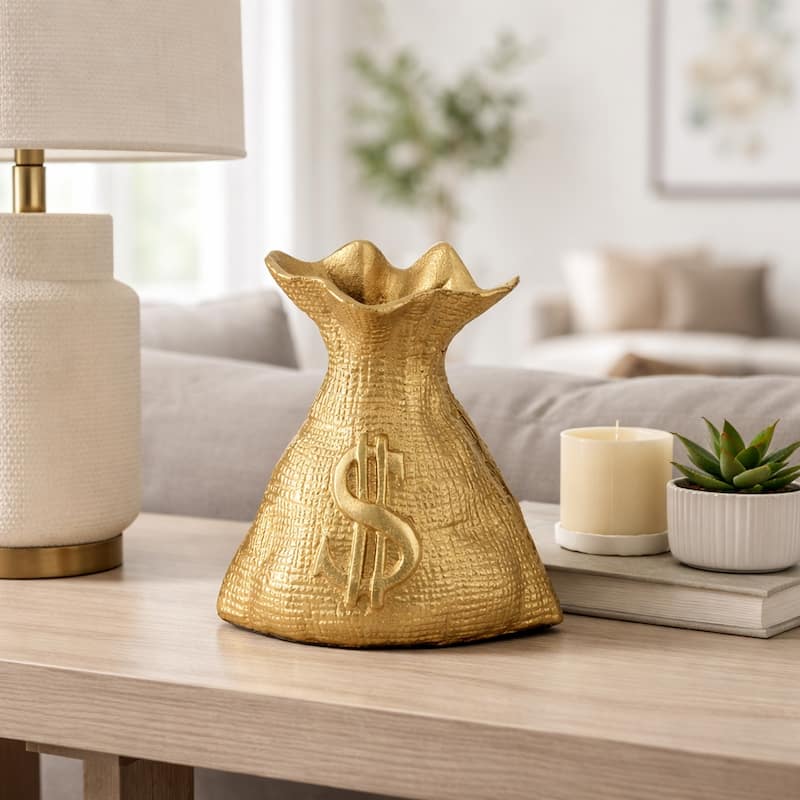 Modern Metal Money Bag Figurine Sculpture - 8", Gold & Metallic - 7.25" - Gold/ Metallic - 7.25"