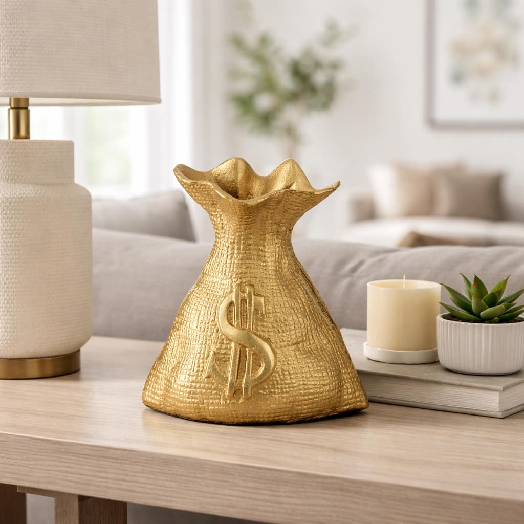 Modern Metal Money Bag Figurine Sculpture - 8", Gold & Metallic - 7.25"