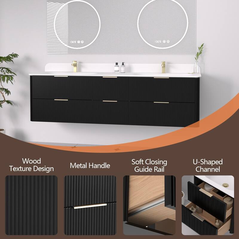 72" Floating Bathroom Vanity with Integrated countertop Rectangular Sink Solid Wood