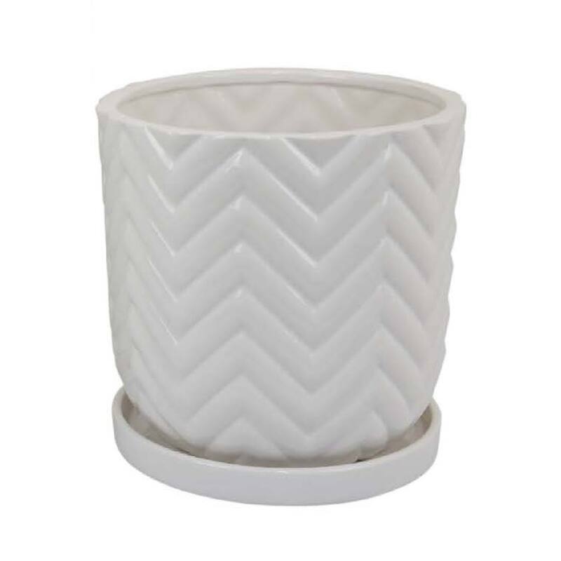 2 Pack White Glossy Wave Texture Plant Ceramic Planter with Saucers